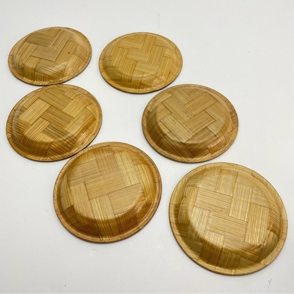 VINTAGE Bamboo Hand Painted Coaster Set of 6 - Picture 7 of 10